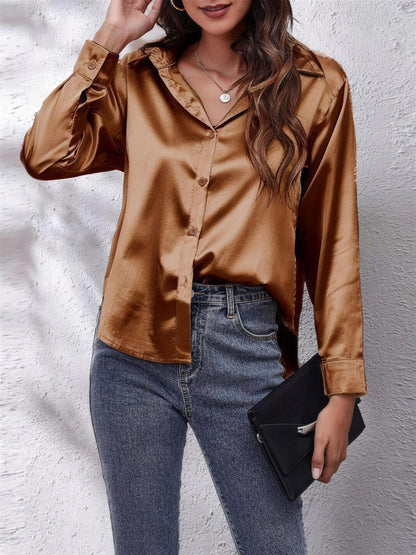Women's Collared Satin Shirt with V Neck