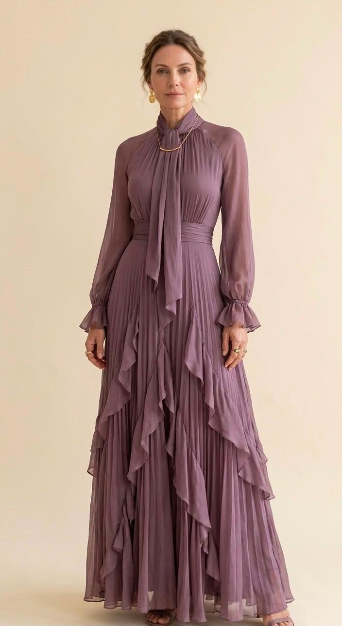 Women's Vintage Neckline Tie Neck Maxi Dress