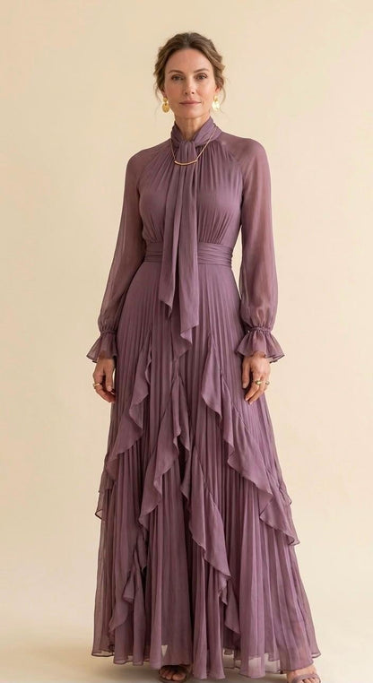Women's Vintage Neckline Tie Neck Maxi Dress