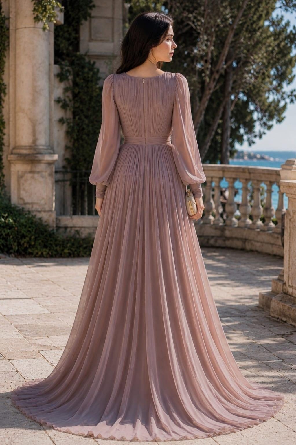 Women's Vintage Neckline Pleated Evening Maxi Dress