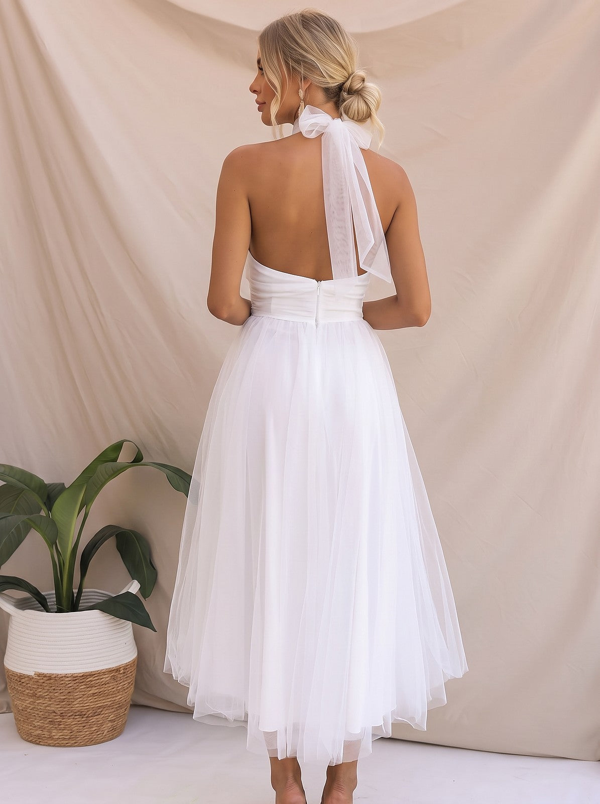 Women's Cowl Halter Tulle Tea Length Dress