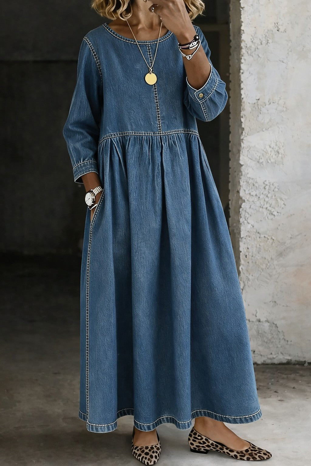 Women's Denim Maxi Dress with Pockets