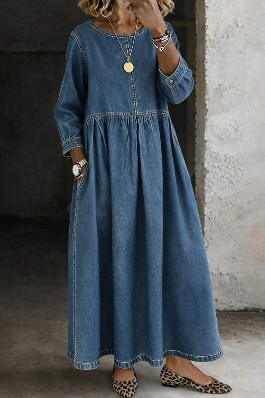 Women's Denim Maxi Dress with Pockets