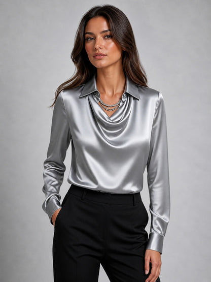 Women's Cowl Neck Satin Blouse with Collar