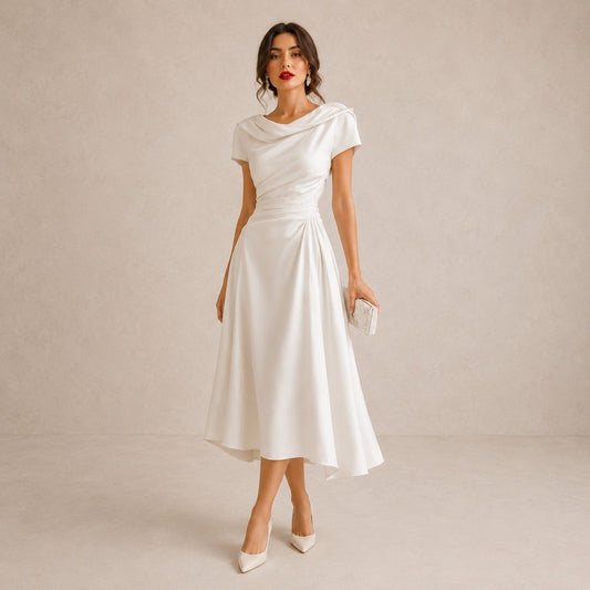 Women's Satin Draped Cowl Neck Midi Dress