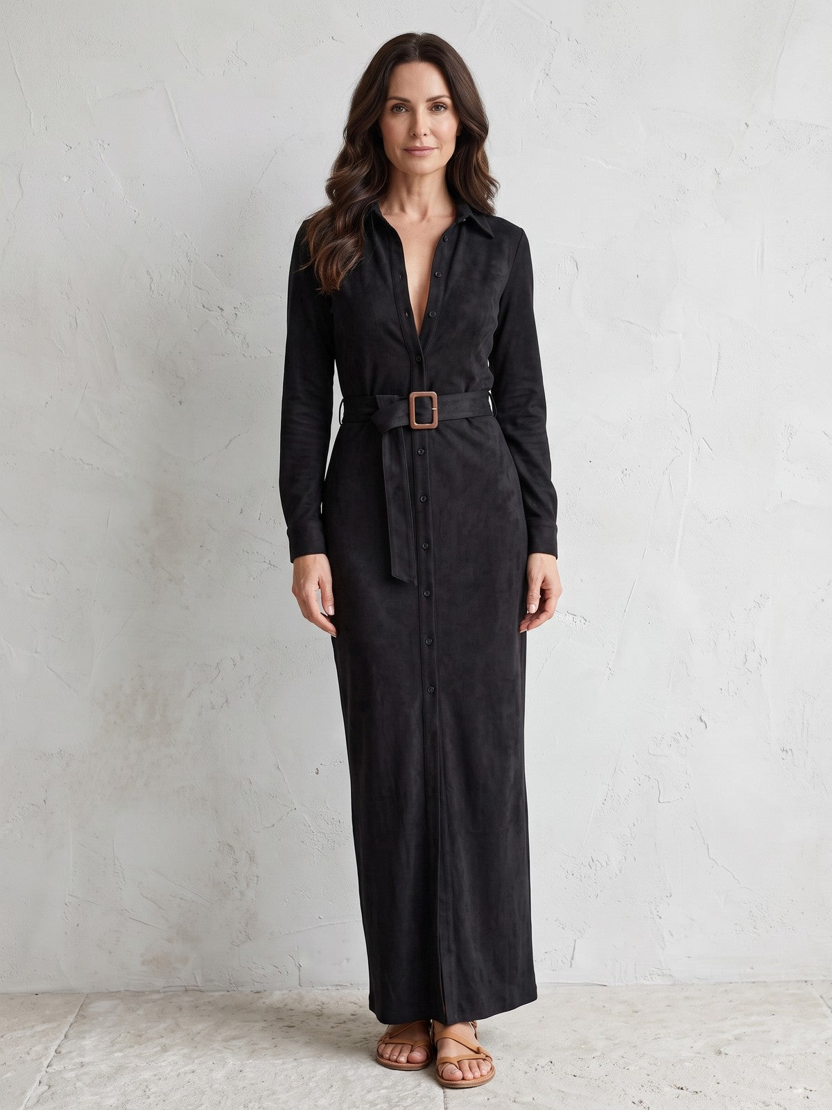 Women's Faux Suede Belted Maxi Dress