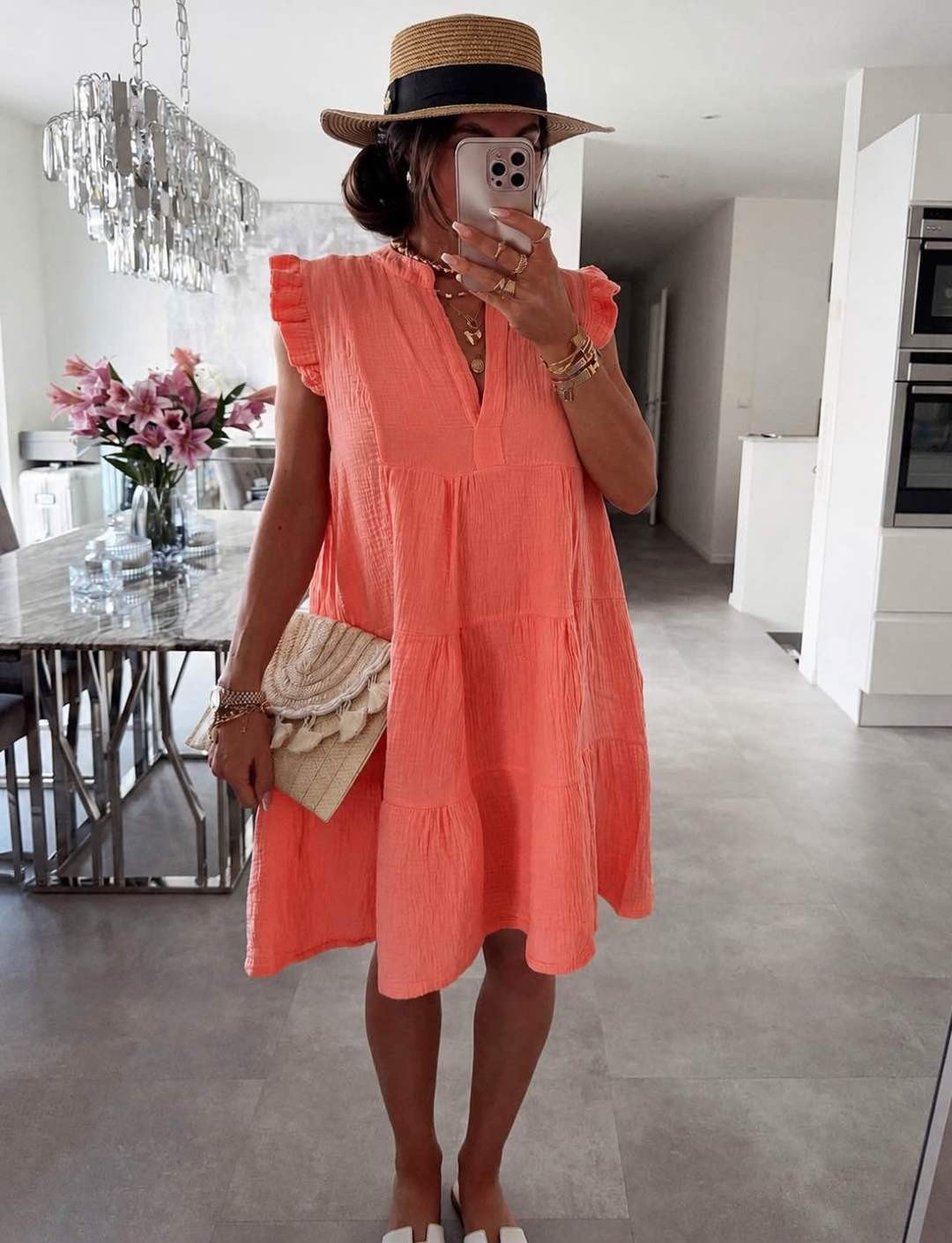 Women's V Neck Ruffle Sleeve Summer Dress