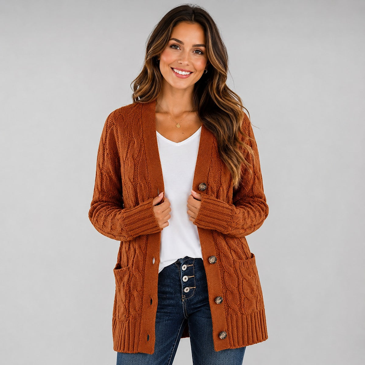 Women's V Neck Cable Knit Cardigan
