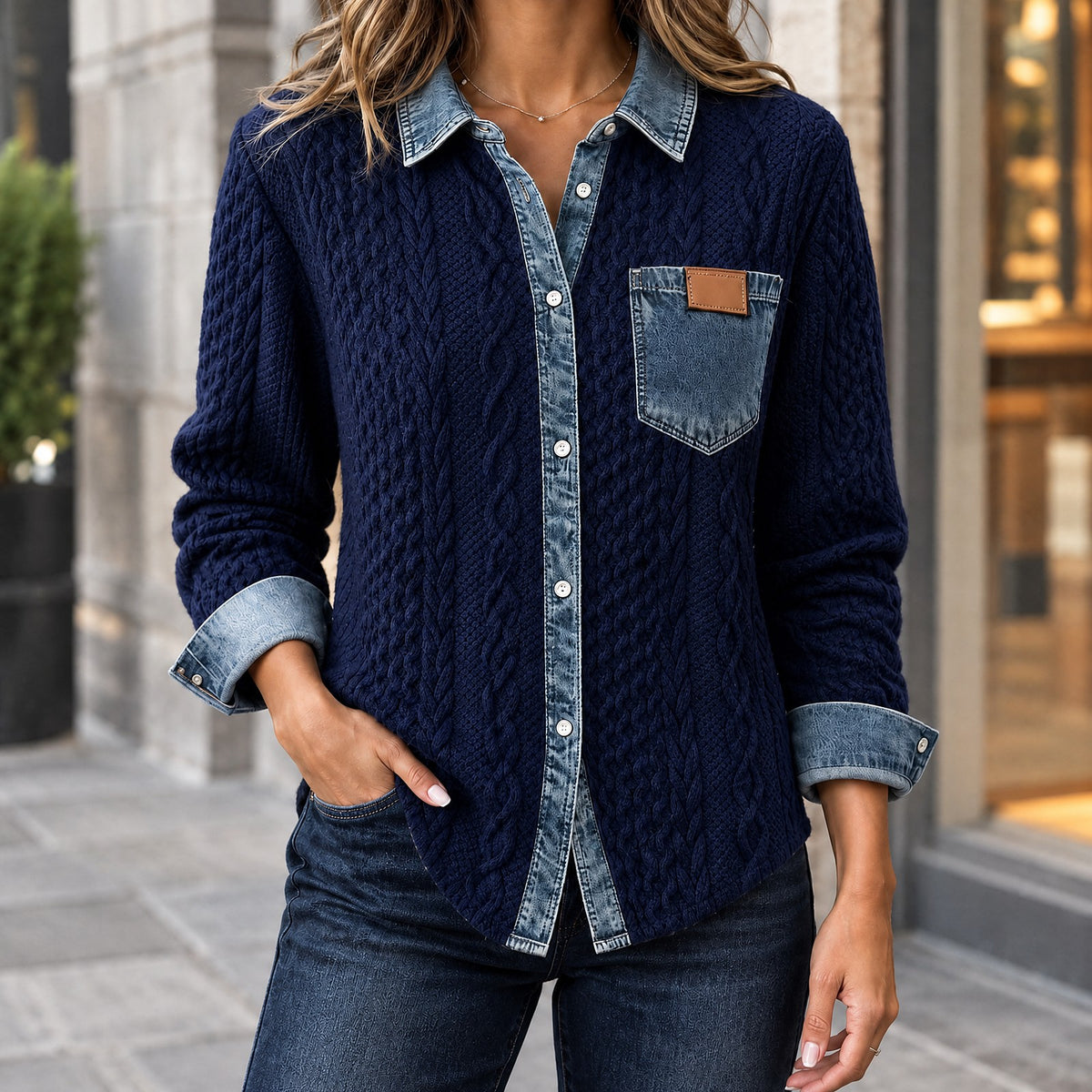 Women's Denim Look Collar Cable Knit Shirt