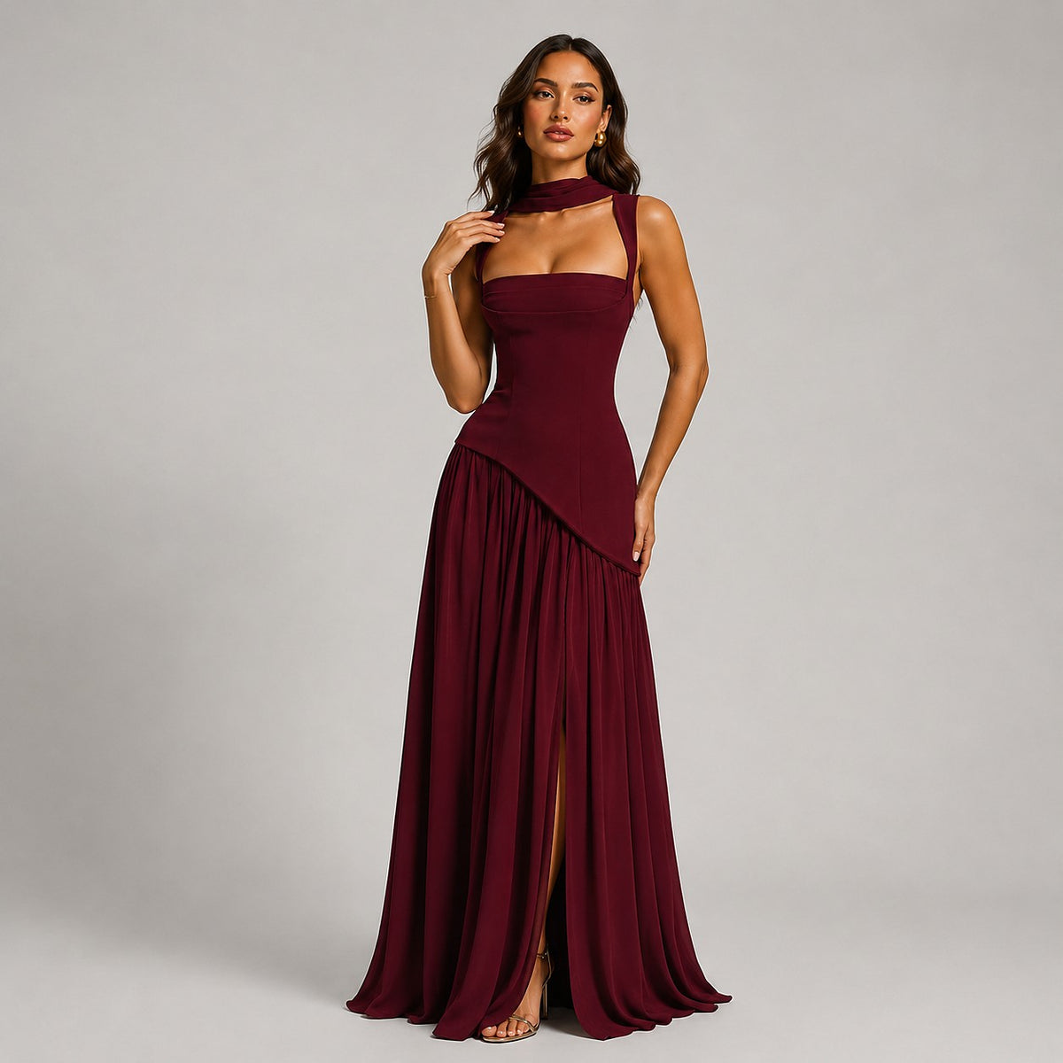 Women's Draped Maxi Dress with Side Slit