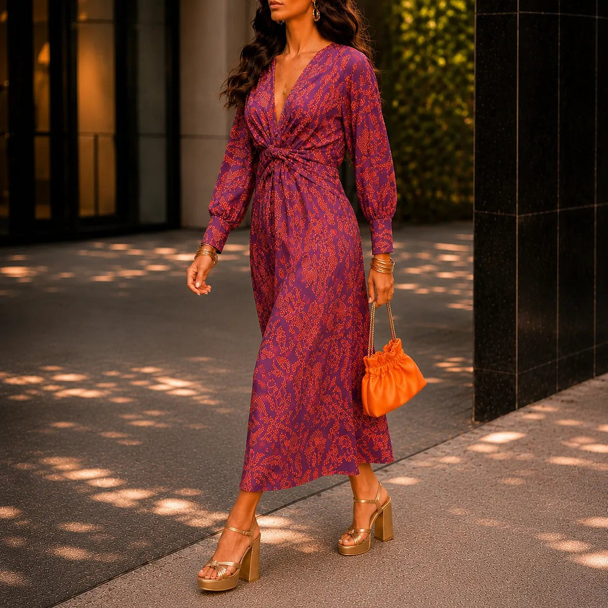Women's Printed V Neck Wrap Dress