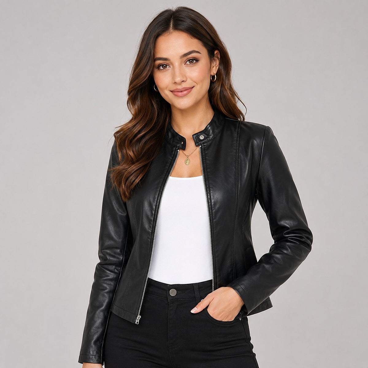 Women's Cropped Faux Leather Moto Jacket