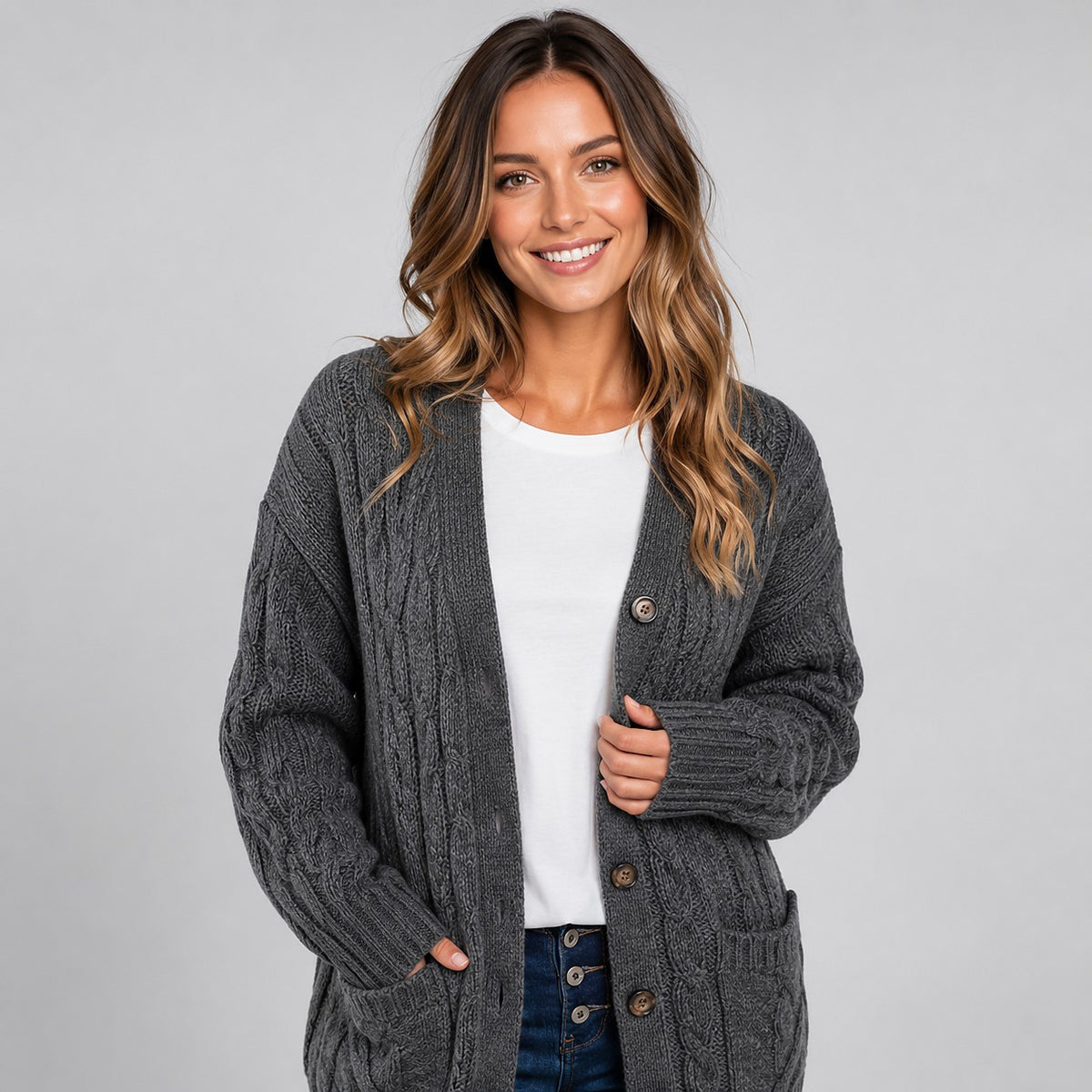 Women's V Neck Cable Knit Cardigan