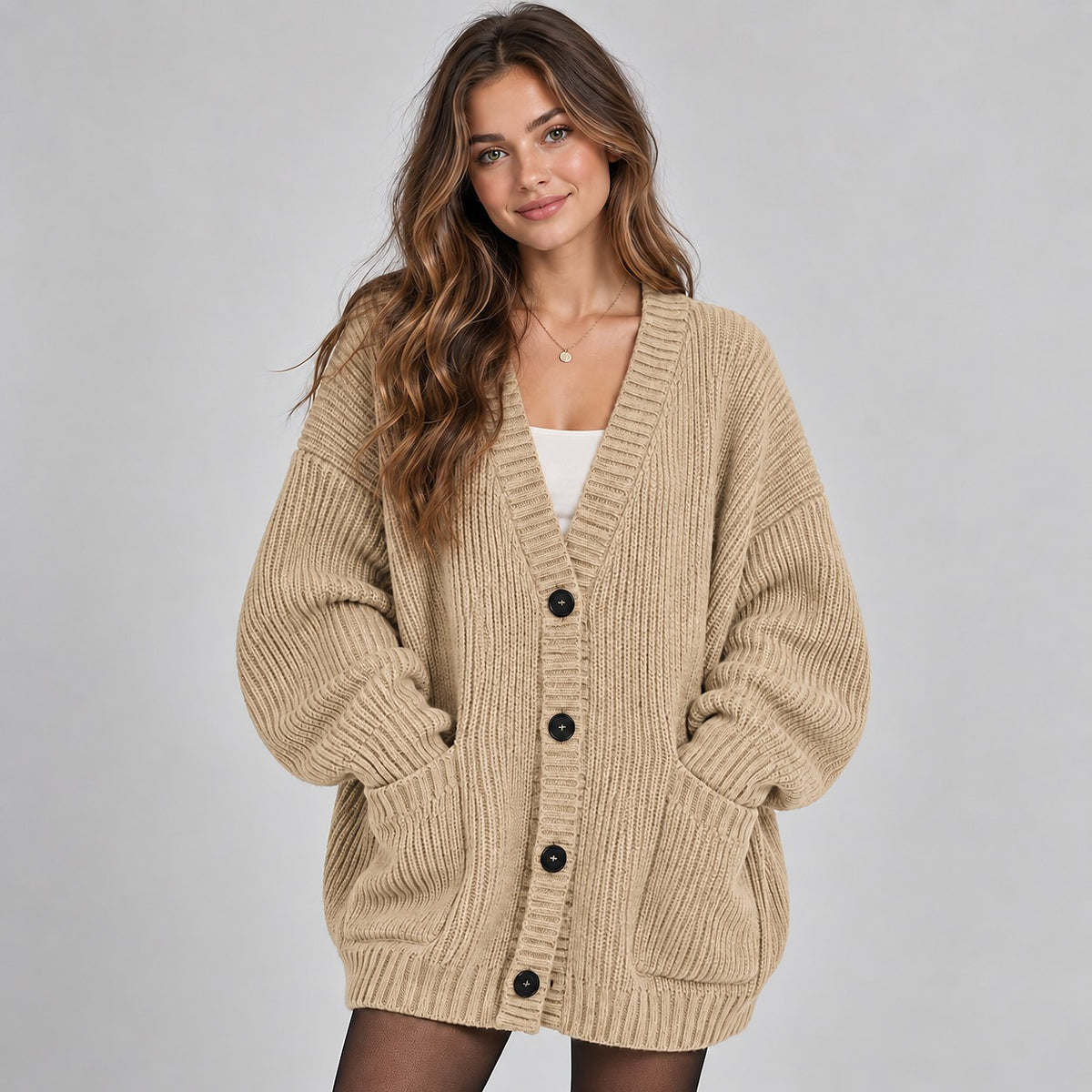 Women's Oversized V Neck Button Cardigan