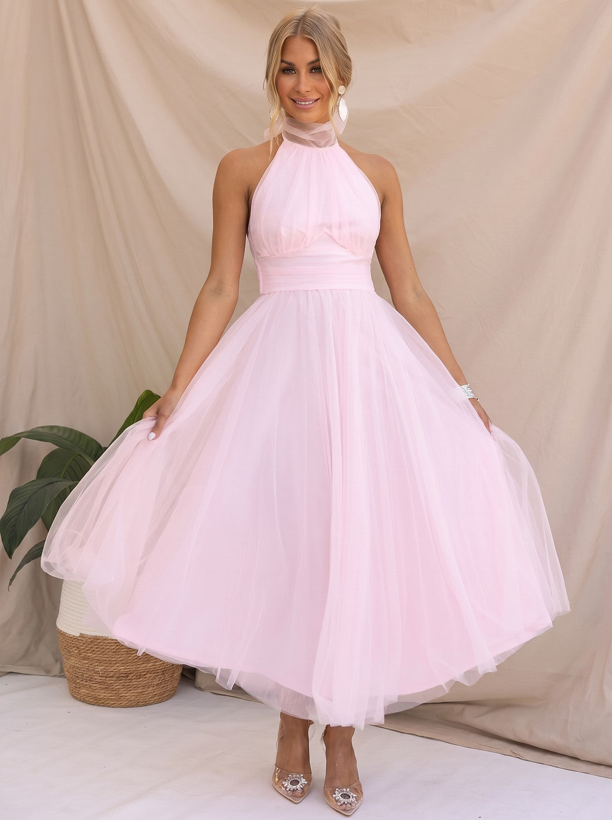 Women's Cowl Halter Tulle Tea Length Dress