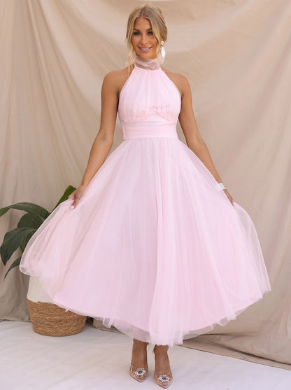 Women's Cowl Halter Tulle Tea Length Dress