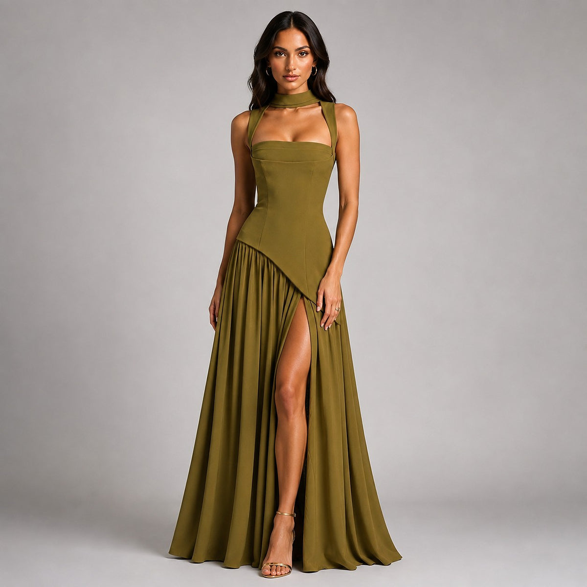 Women's Draped Maxi Dress with Side Slit