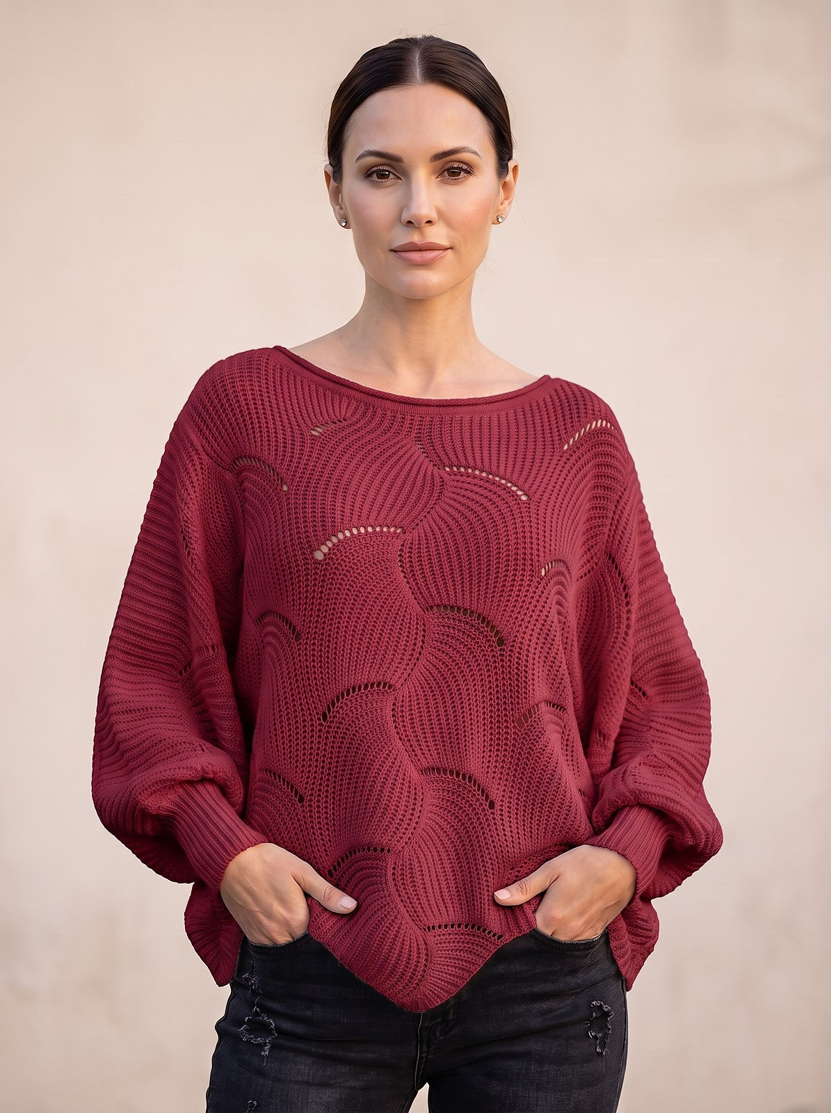 Women's Pointelle Knit Dolman Sleeve Pullover