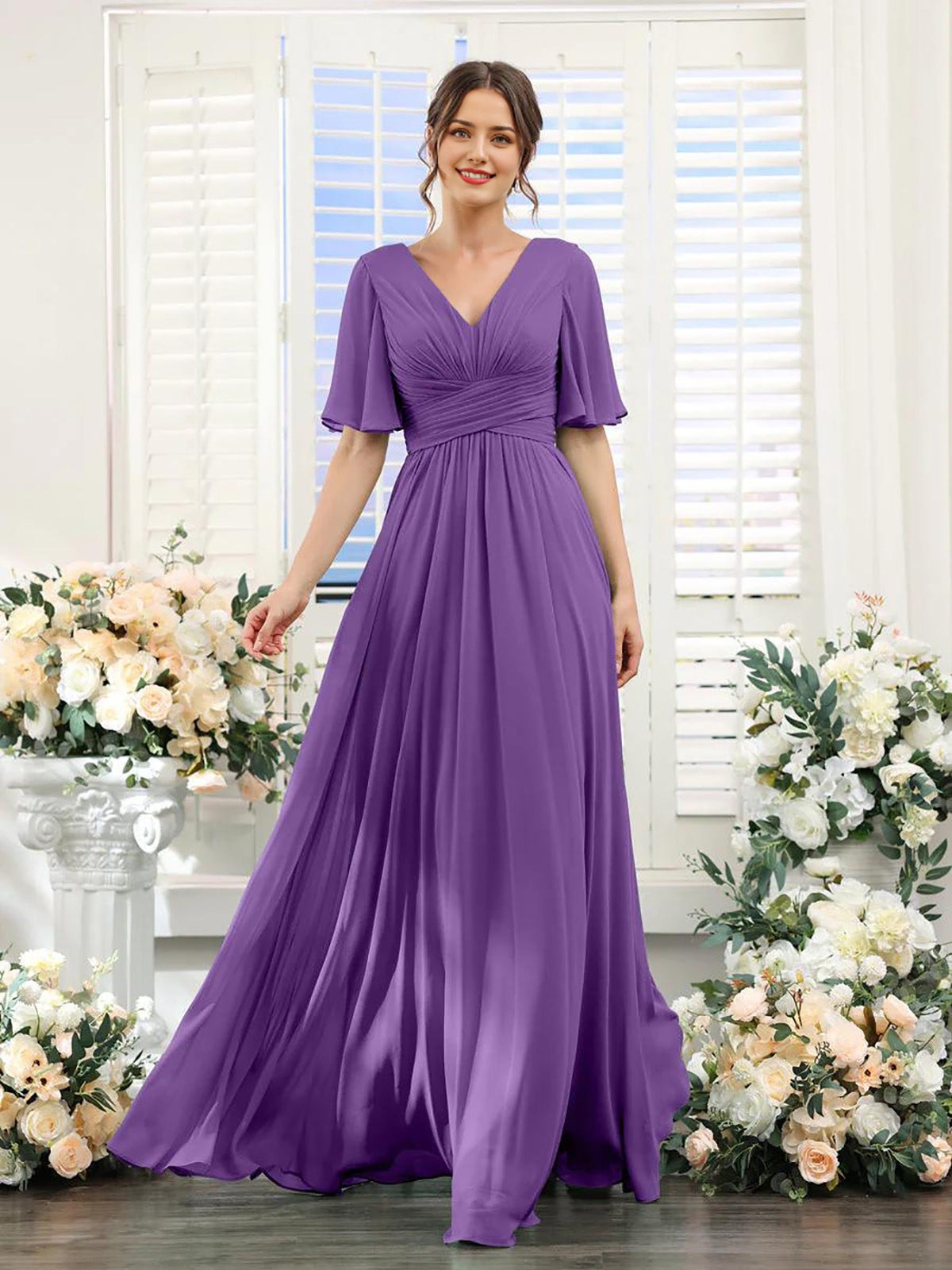 Women's Chiffon Maxi Dress with Flutter Sleeves