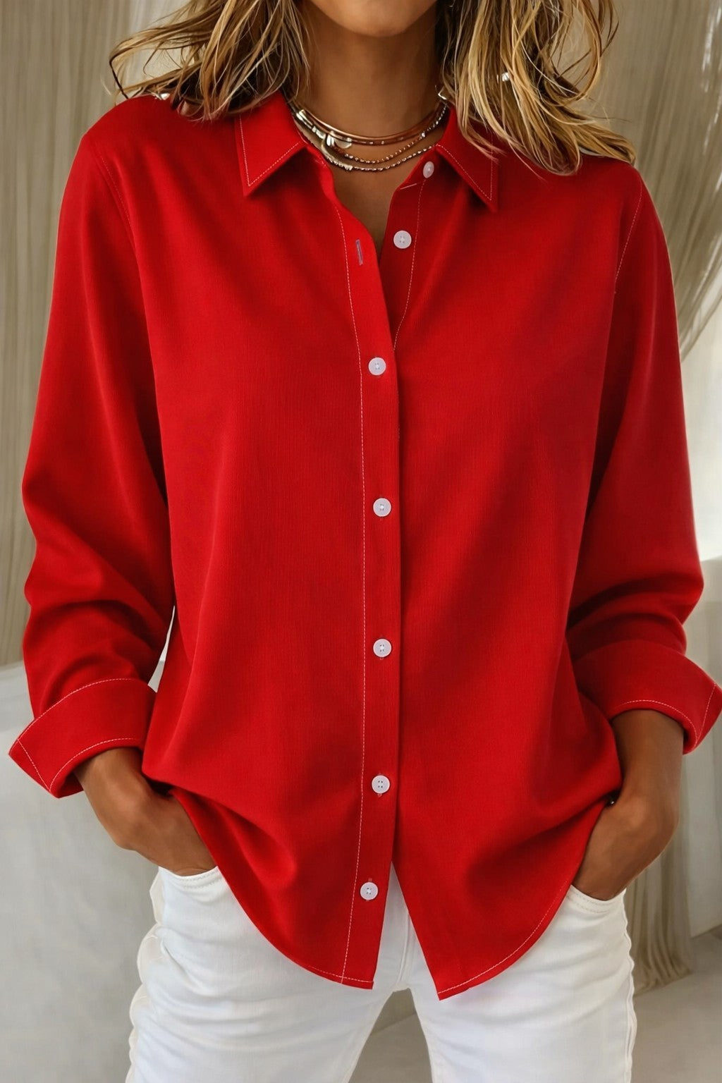Women's Button Down Shirt Curved Hem