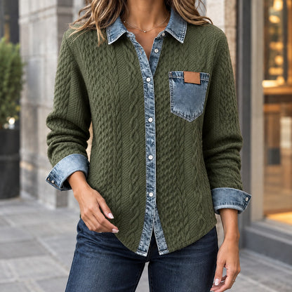 Women's Denim Look Collar Cable Knit Shirt