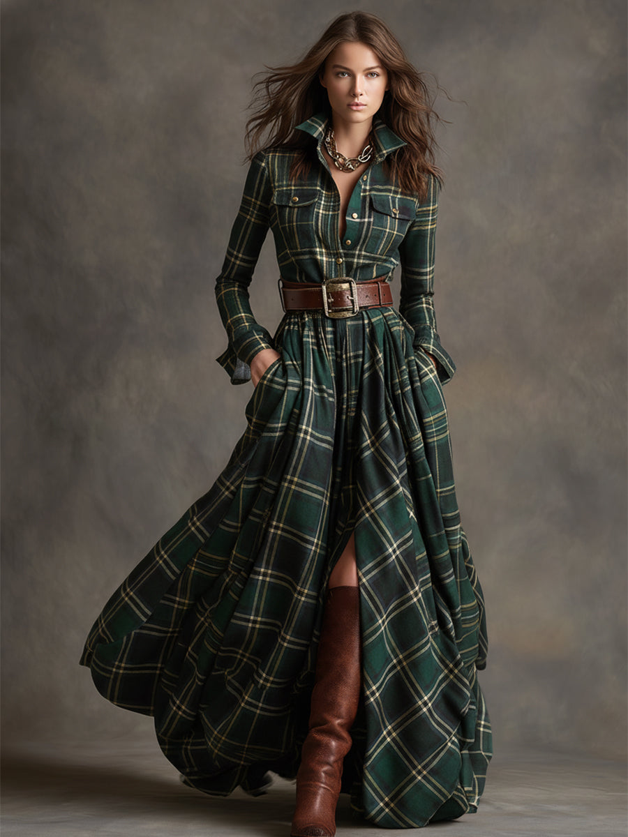 Women's Long Sleeve Plaid Maxi Dress