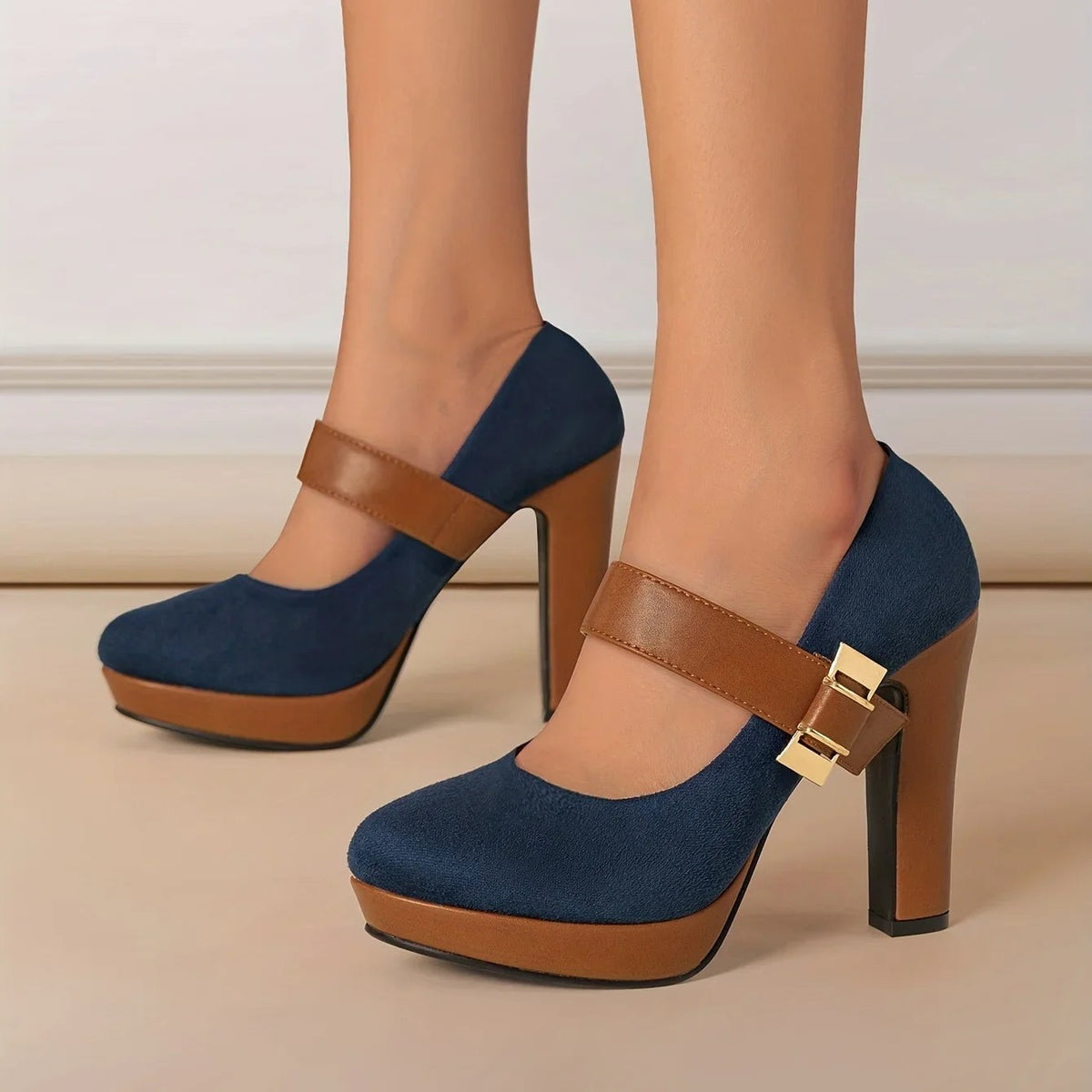 Women's Double Buckle Platform Block Heel Pumps