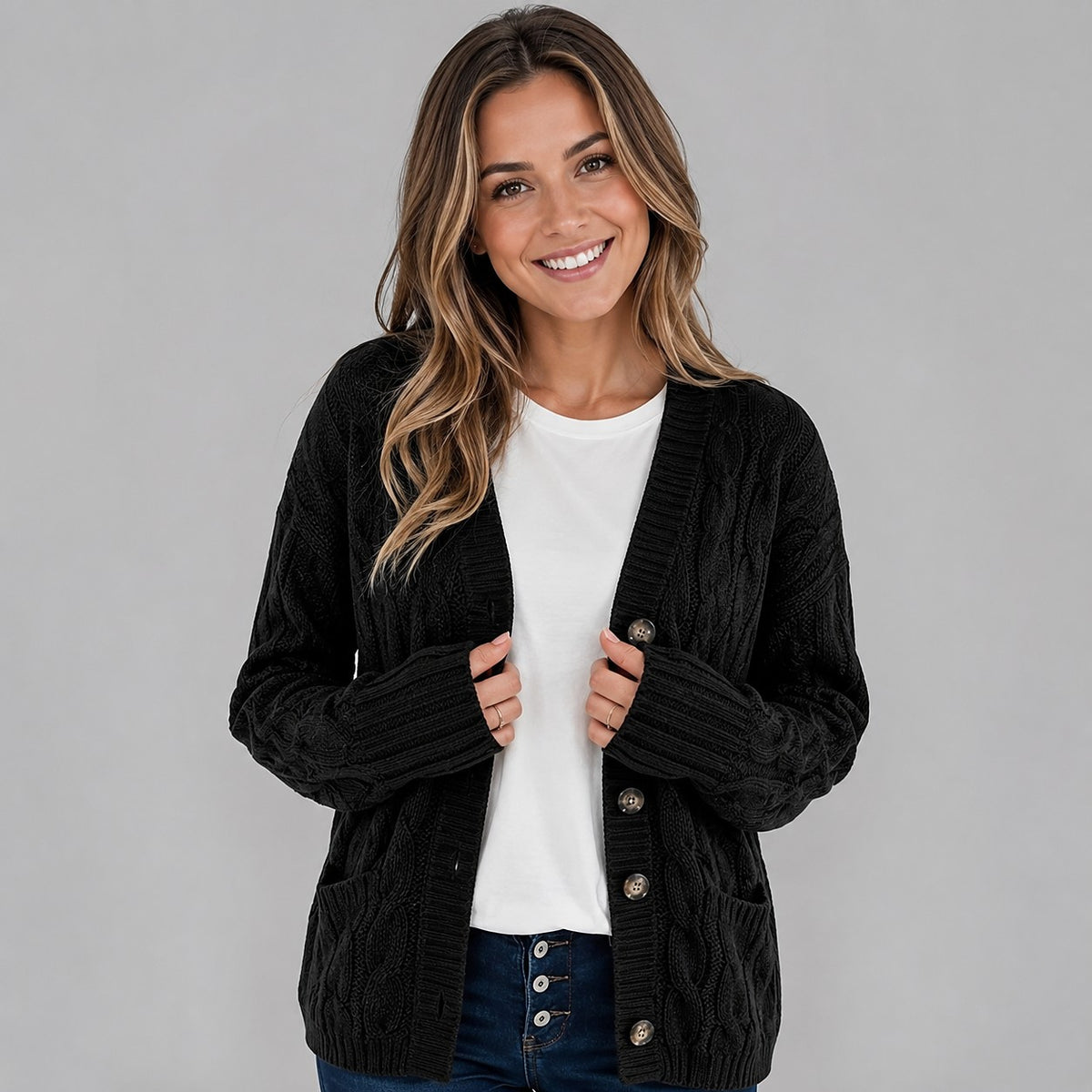 Women's V Neck Cable Knit Cardigan