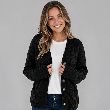 Women's V Neck Cable Knit Cardigan