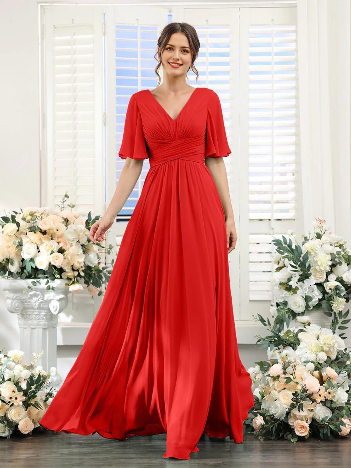 Women's Chiffon Maxi Dress with Flutter Sleeves
