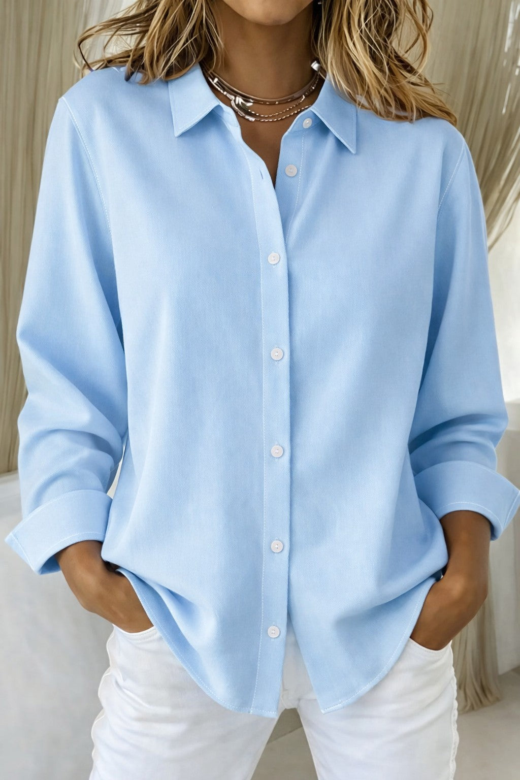 Women's Button Down Shirt Curved Hem