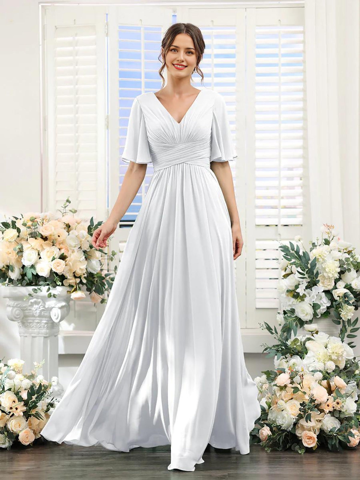 Women's Chiffon Maxi Dress with Flutter Sleeves
