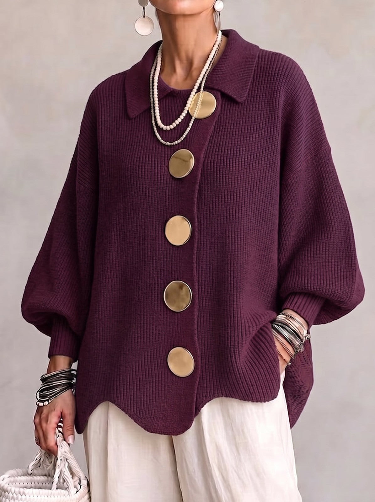 Women's Chunky Grandpa Cardigan with Collar