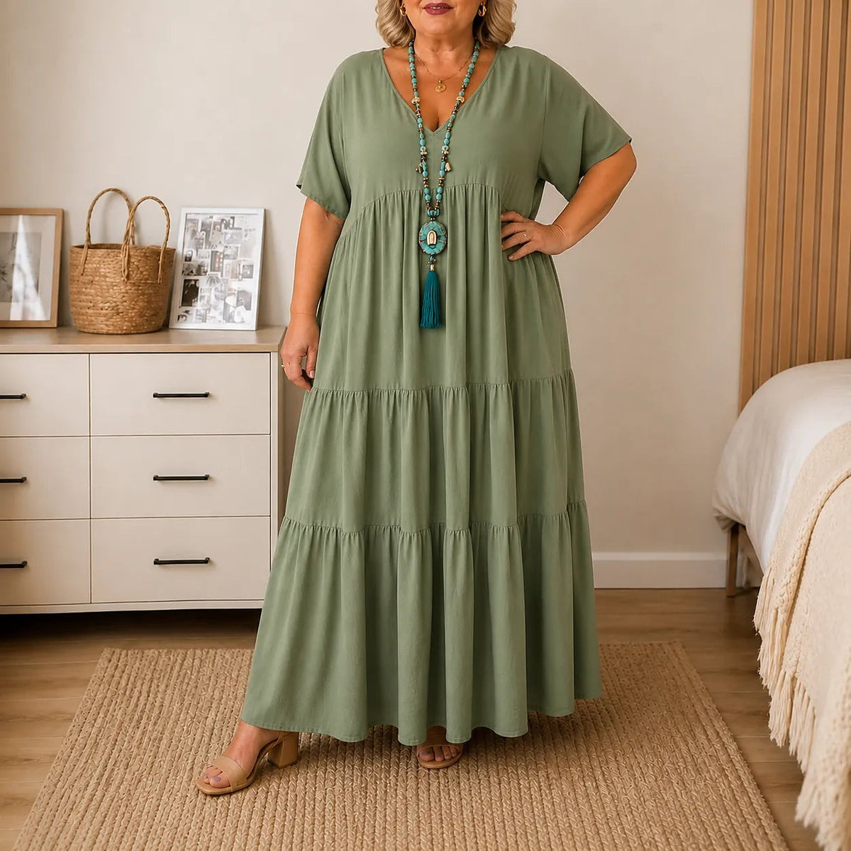Women's V Neck Tiered Maxi Dress