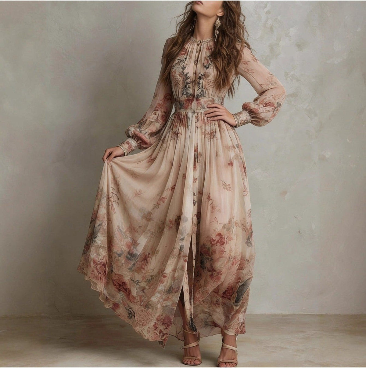 Women's Vintage Neckline Smocked Floral Maxi Dress