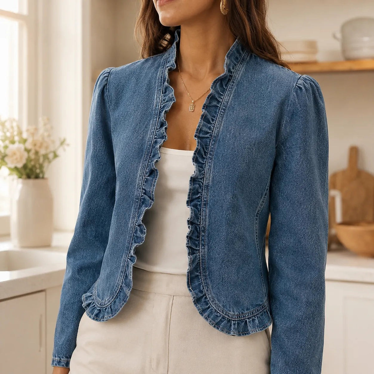 Women's Cropped Ruffle Trim Denim Look Jacket