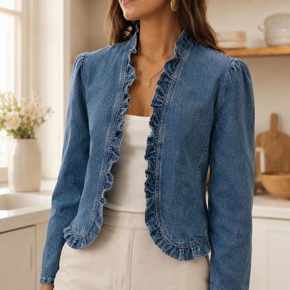 Women's Cropped Ruffle Trim Denim Look Jacket