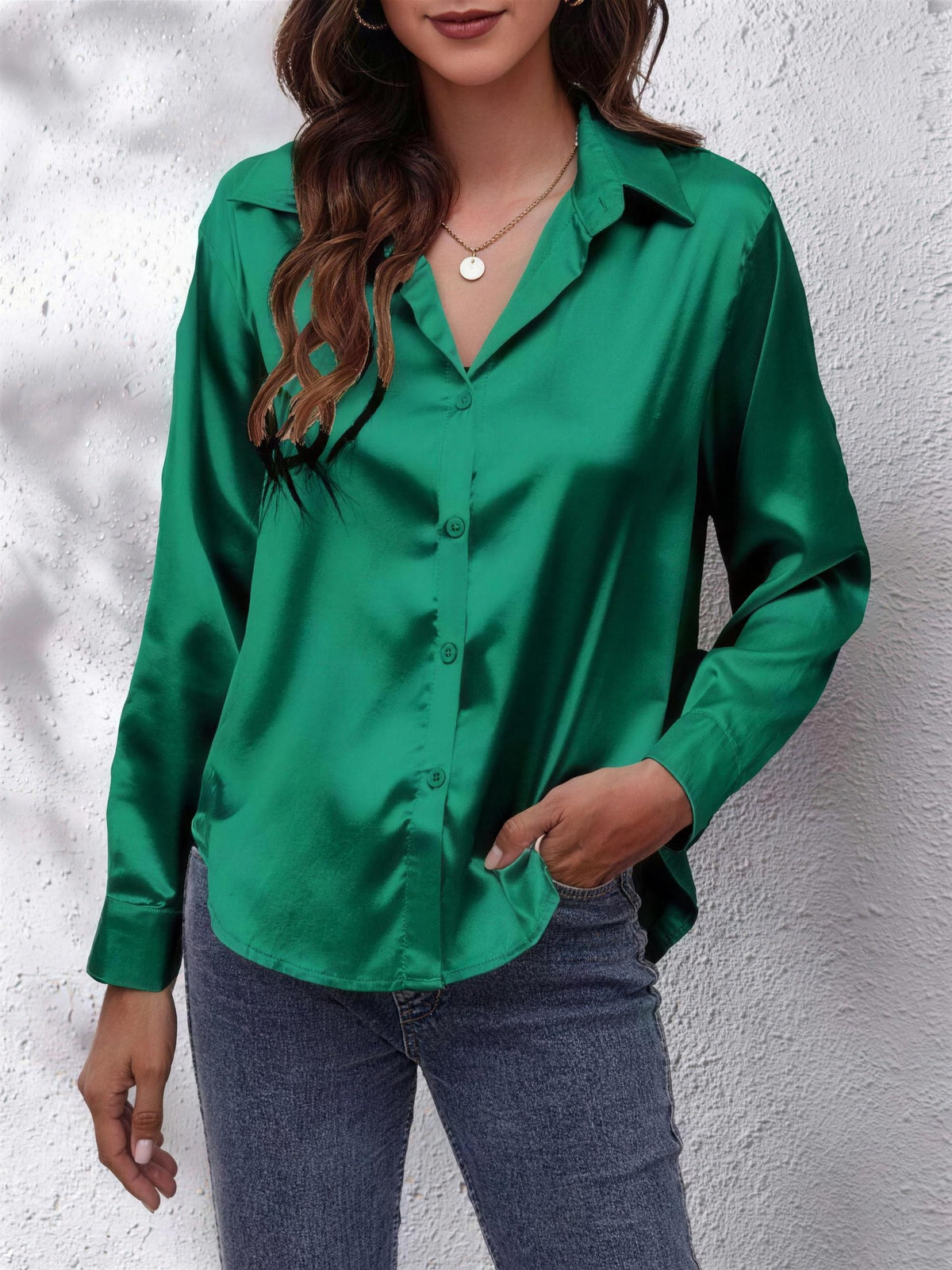 Women's Collared Satin Shirt with V Neck