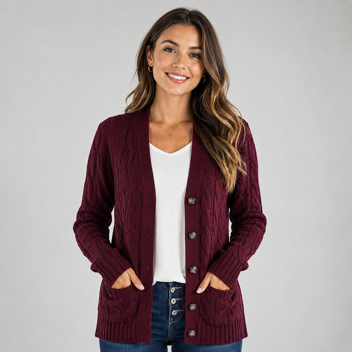 Women's V Neck Cable Knit Cardigan