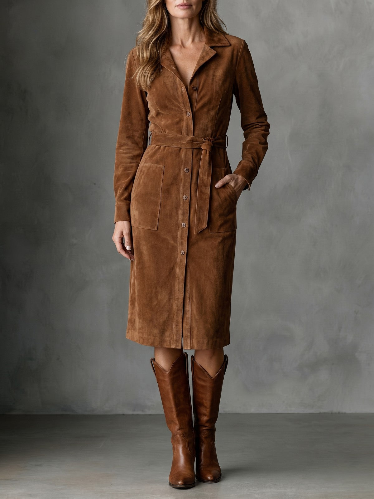 Women's Faux Suede Button Front Midi Dress