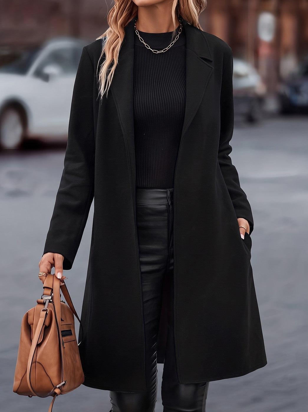 Women's Long Belted Coat with Notch Lapel