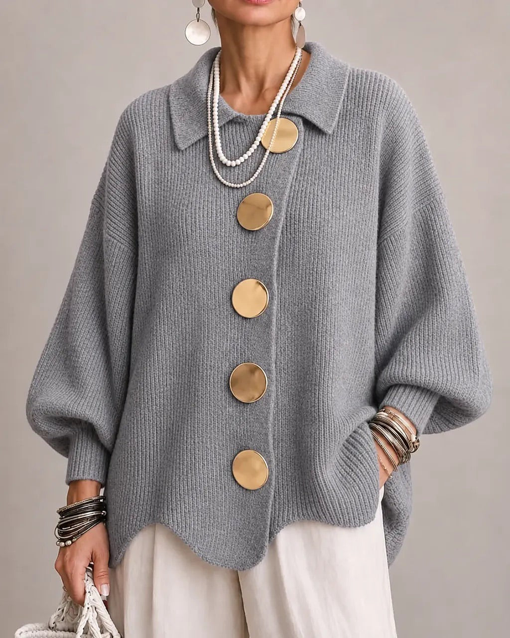Women's Chunky Grandpa Cardigan with Collar