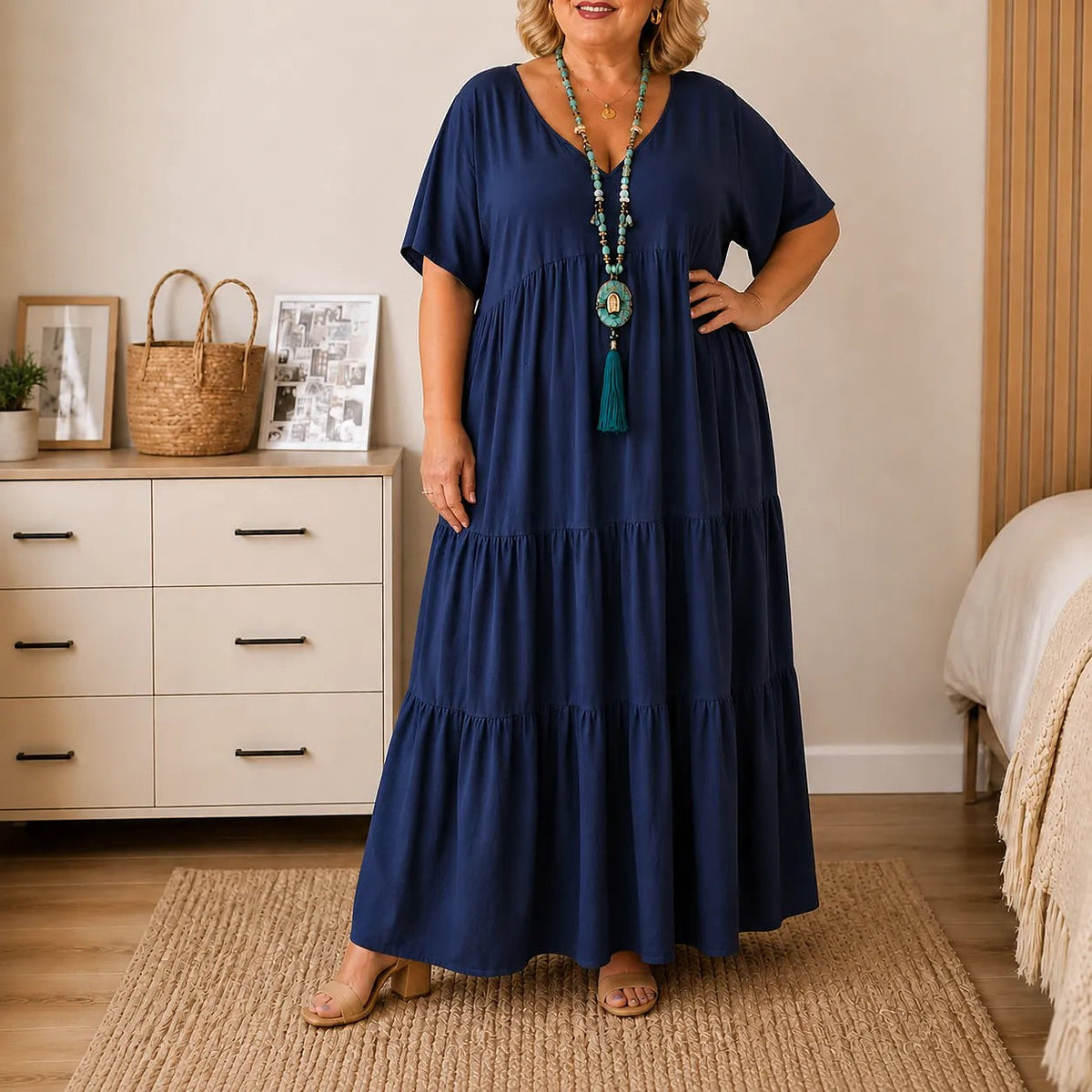 Women's V Neck Tiered Maxi Dress