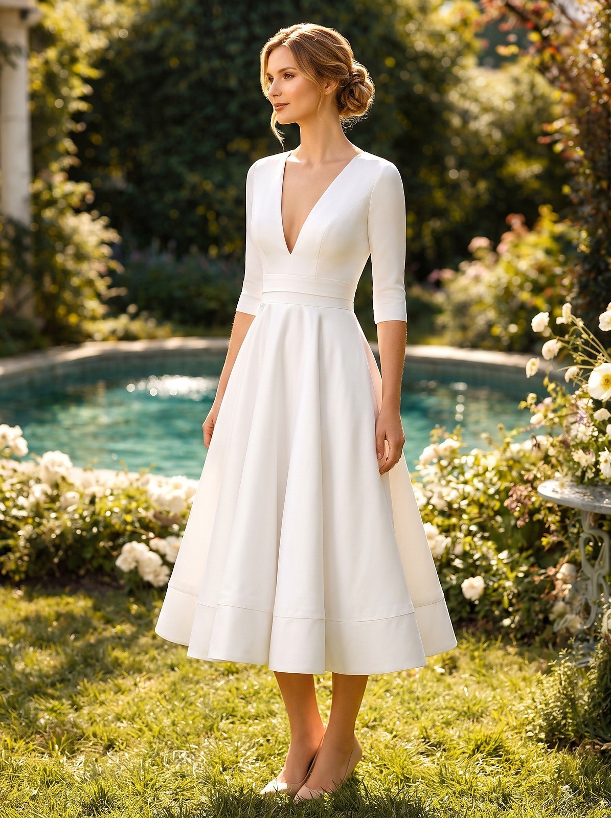 Women's Satin Draped V Neck Midi Dress