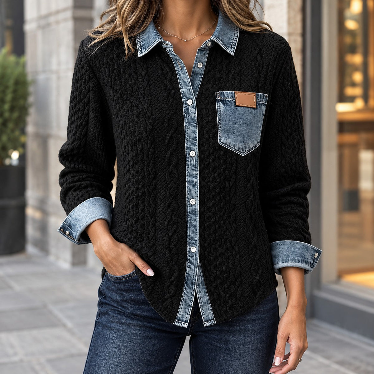 Women's Denim Look Collar Cable Knit Shirt