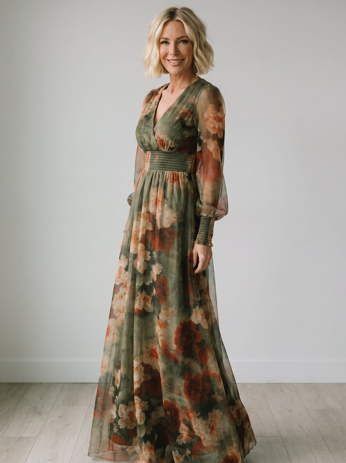 Women's Vintage Neckline Floral Tulle Maxi Dress