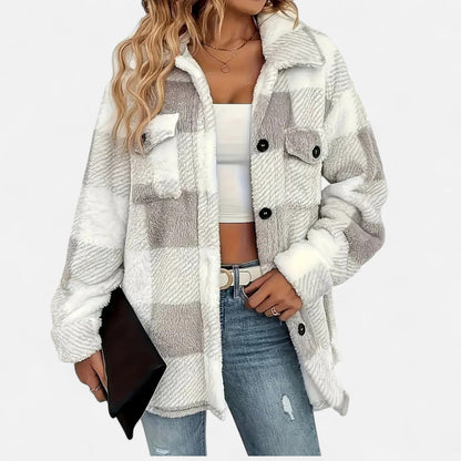 Women's Plaid Teddy Shacket with Buttons
