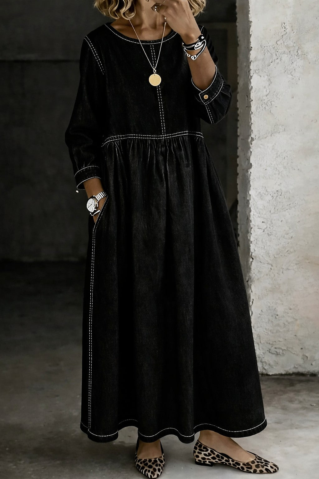Women's Denim Maxi Dress with Pockets