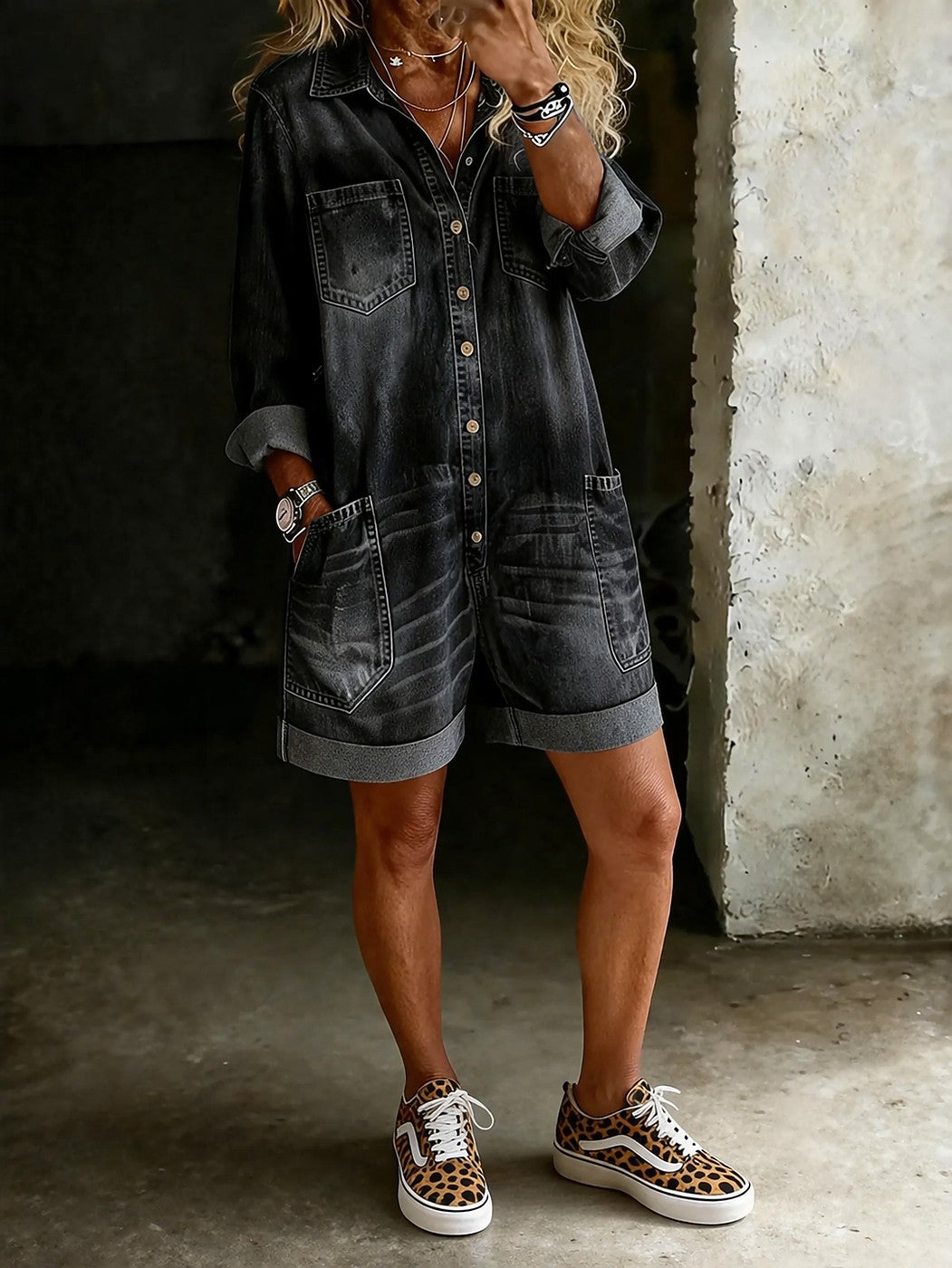 Women's Collared Denim Romper with Pockets