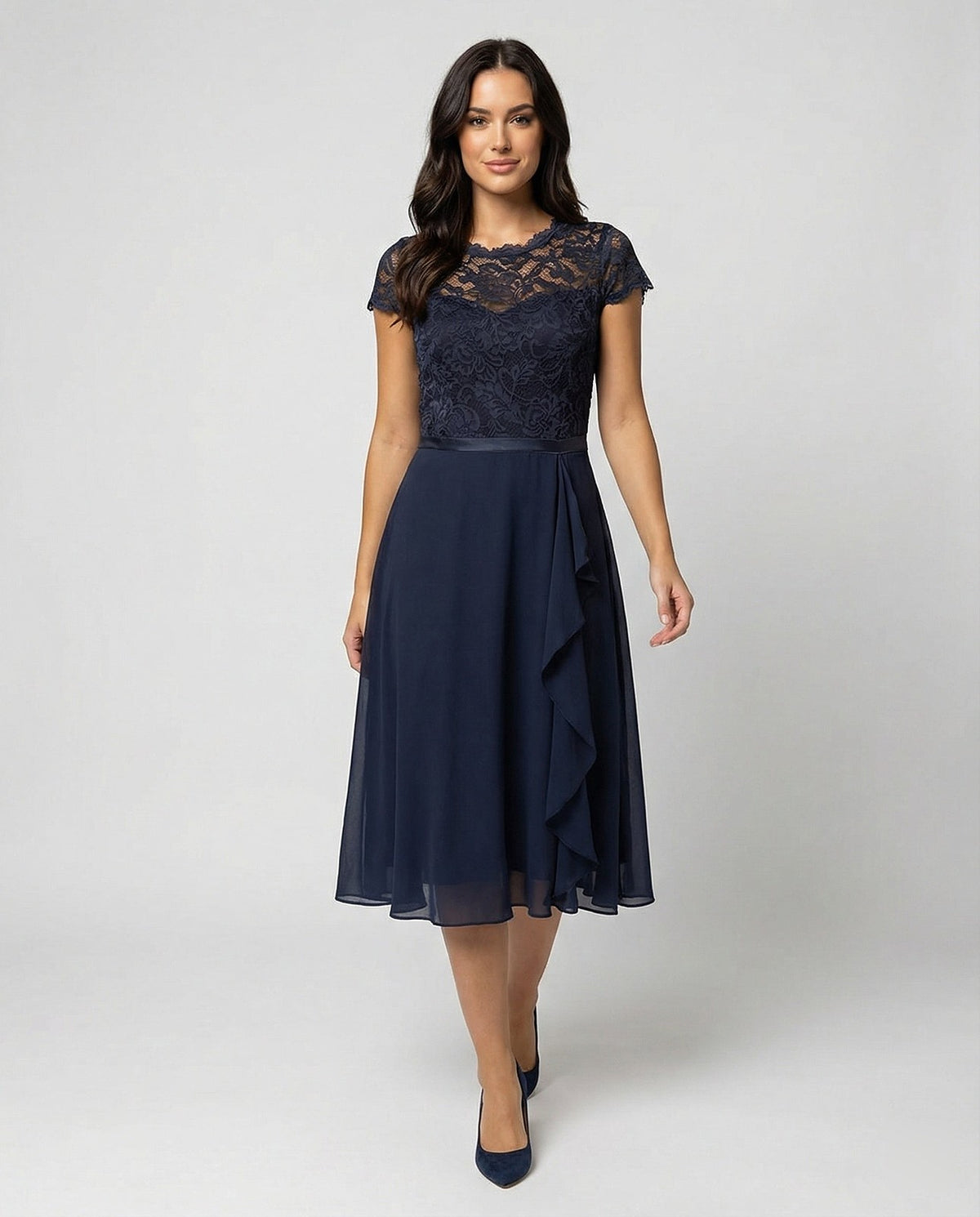 Women's Ribbon Waist Lace Chiffon Midi Dress